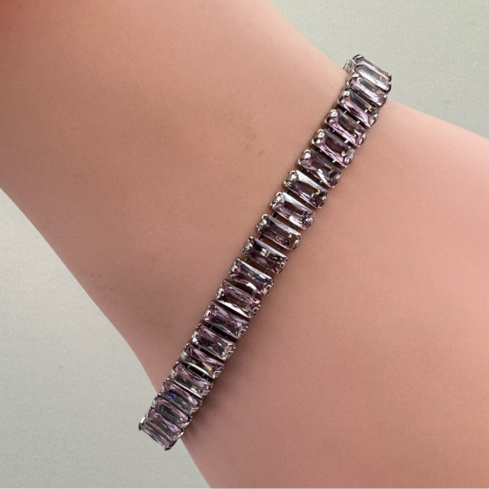 New Silver Adjustable Slider Pink Baguette Cubic Zirconia Bracelet Elegant